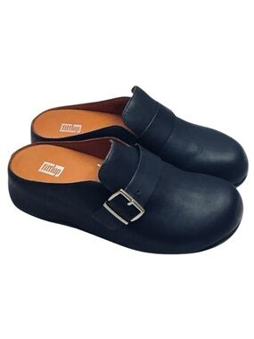 Fitflop SHUV Leather Clog Buckle-Strap Navy Blue Leather Open Back Shoe Size-7